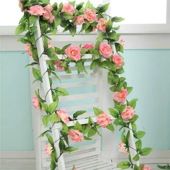 

220cm Long Artificial Rose Flowers Vine Autumn Cane Backdrop Decor Silk Fake Rattan Garland For Wedding Home Hotel Decoration