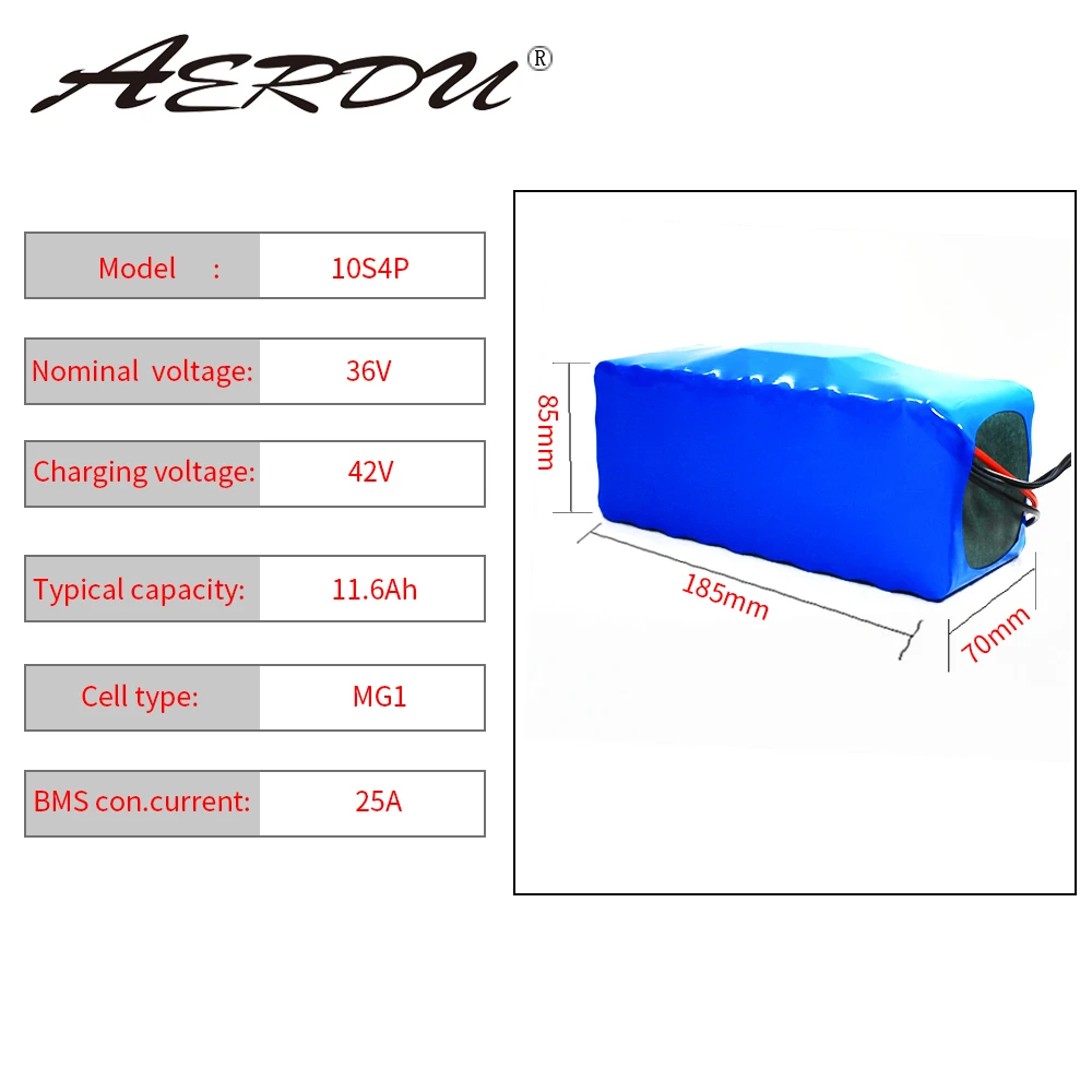 AERDU 36V 11.6Ah 12Ah 18650 литий-ионный аккумулятор 25A XT60 DC5521 электрический скутер 750W 600W 500W электродвигатель для скутера автомобиля для LG MG1