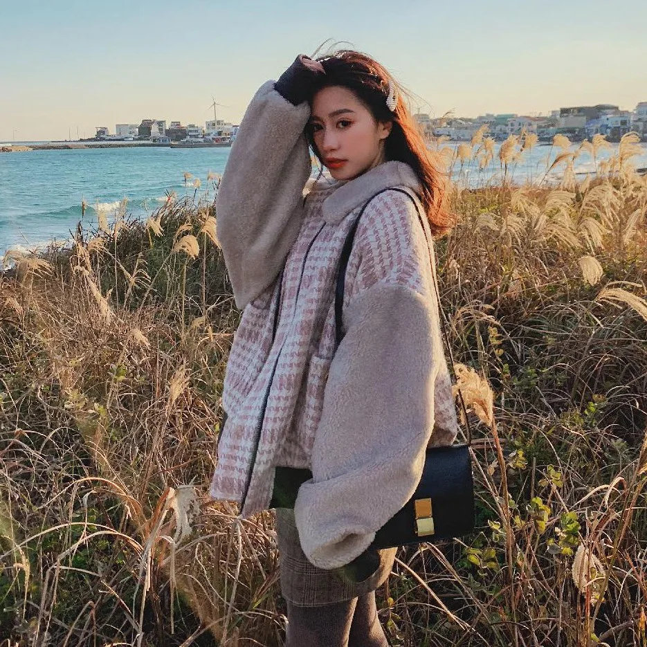 

Photo Shoot CHIC Lambs Wool Short Chunky Plaid Joint Fold-down Collar Short-height College Style Cotton Coat Jacket Women's