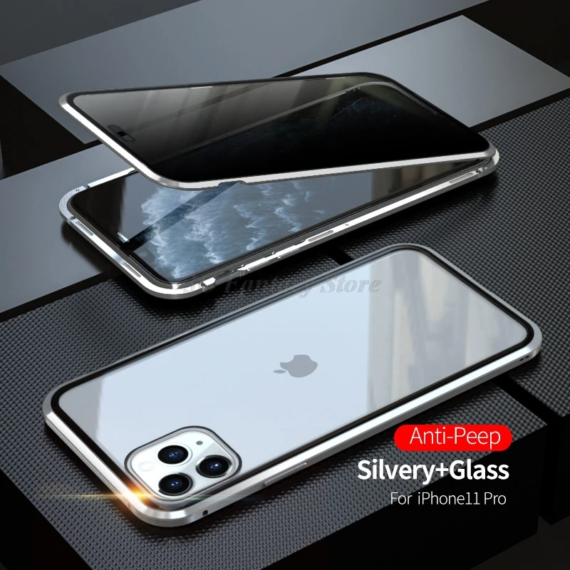 Магнитный металлический чехол из закаленного стекла для телефона для iphone 11 Pro X XR XS Max 7 8 6 S Plus Магнитный антишпионский чехол для iphone чехол - Цвет: Silver