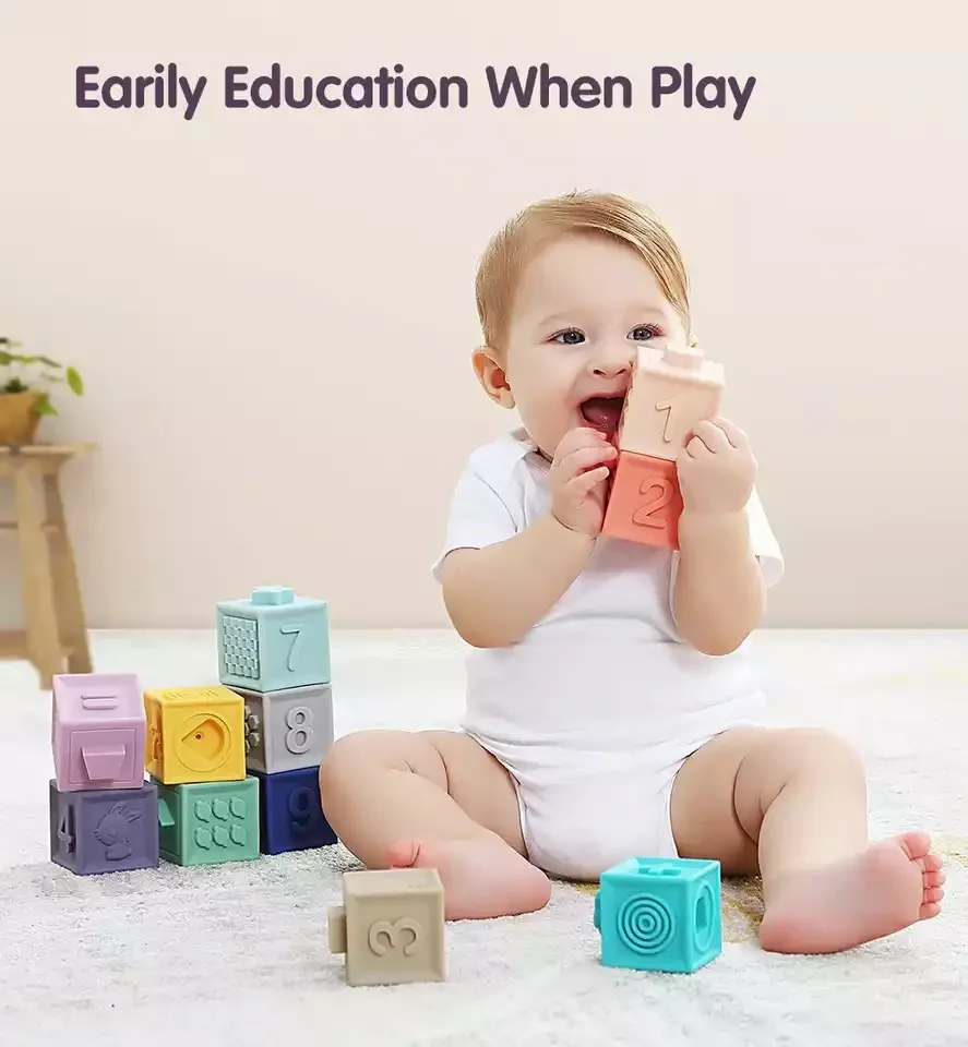 

3D Touch Sensory Toys for Baby Early Learning Soft Rubber Silicone Building Blocks Fun Rubber Teethers Squeeze Baby Toys Gift