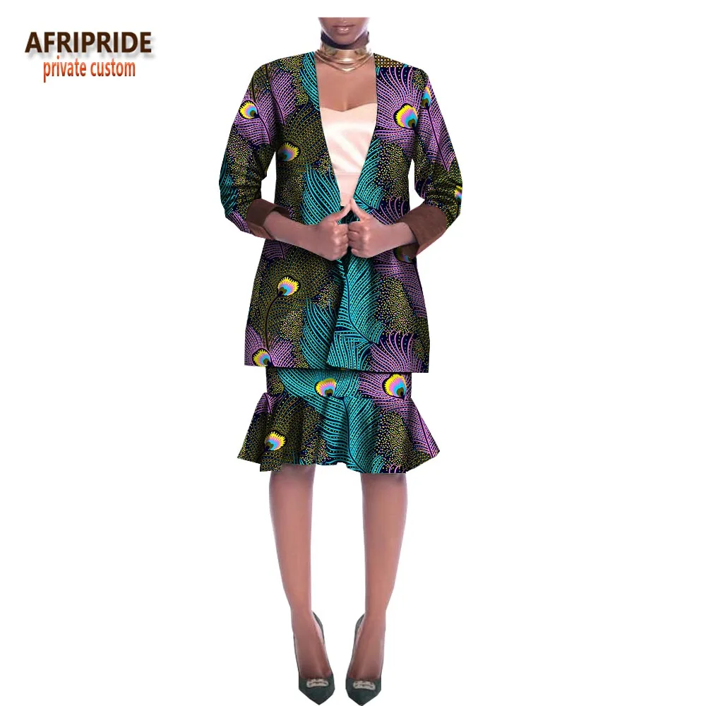 Afripride, африканская мода, юбка и пиджак, костюм для женщин, сделанный на заказ, топ на одной пуговице+ Юбка До Колена, Женский хлопковый костюм A1826015