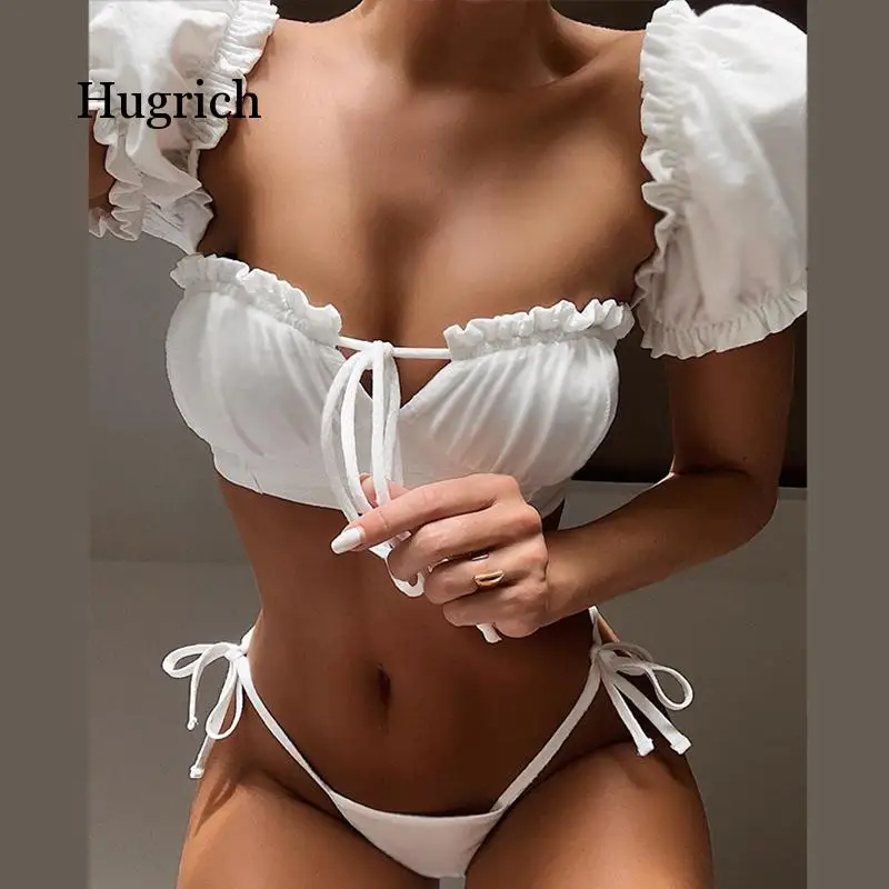 Solid White Ruffle Swimsuit Female Bandeau Bikini 2020 Short Sleeve Swimwear Women Tie Side Bathing Suit High Cut Biquini