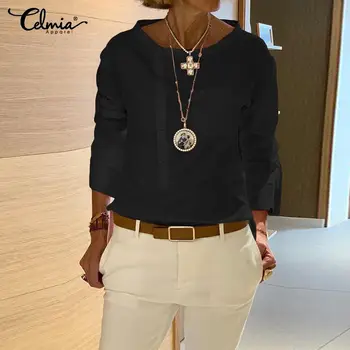 

Vintage Long Sleeve Solid Tops and Shirts Women 2020 Celmia Casual Loose Blouses Plus Size Asymmetrical Blusas Mujer Femininas