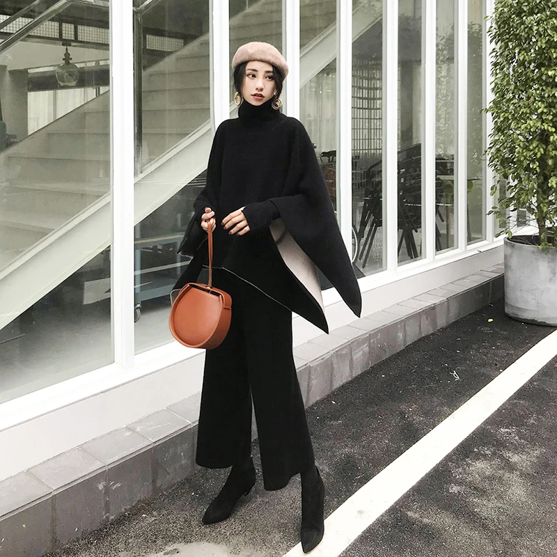 Женский комплект из 2 предметов трикотажный пуловер с накидкой и брюки высокой