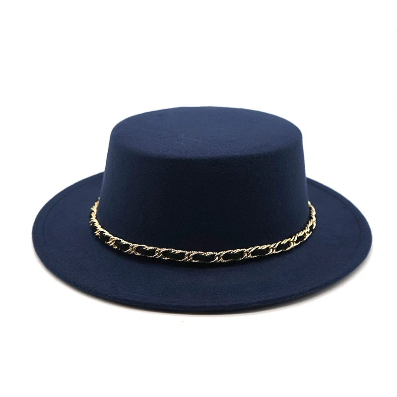 Зимняя Осенняя Женская шерстяная фетровая шляпа-канотье с плоским верхом, шляпа Федора, женская верхняя шляпа с цепочкой, с широкими полями, шляпа игрока-котелка