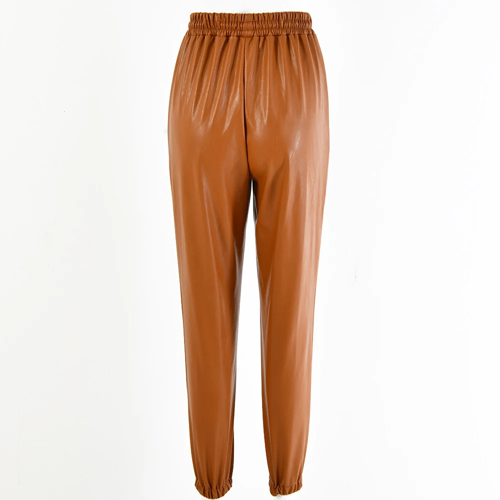 Осенние женские штаны из искусственной кожи, повседневные эластичные брюки из искусственной кожи с высокой талией, Модные узкие брюки с карманами на завязках