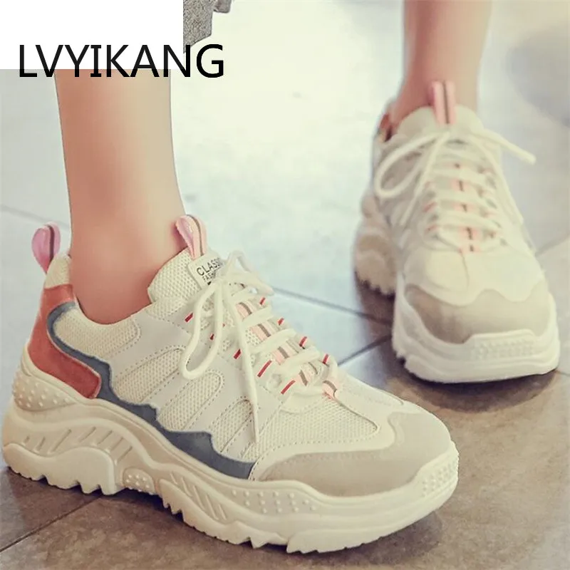 

2019 Women's Chunky Sneakers Fashion Women Platform Shoes Lace Up Vulcanize Shoes Womens Female Trainers Dad Shoes T648