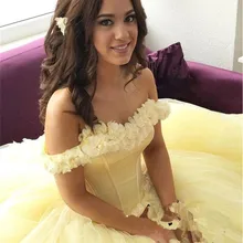 Yellow Ball Gown Quinceanera Dresses 3D Applique Flowers Off Shoulder Sweet 16 Princess Tulle Masquerade Prom Gown