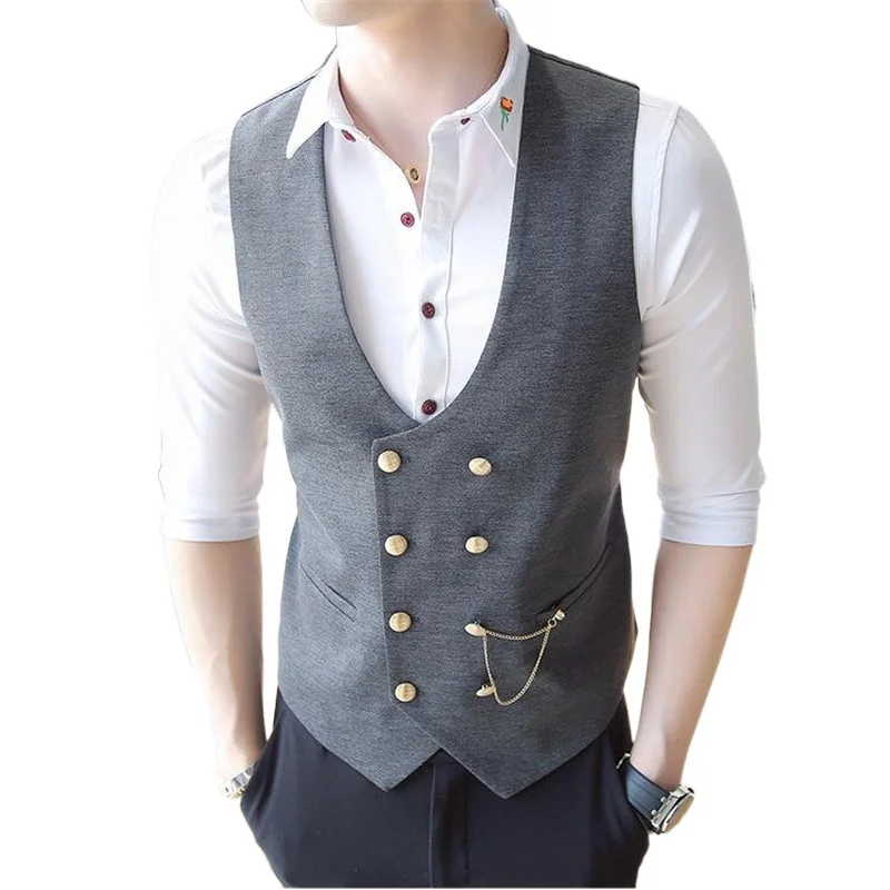 Chaleco de doble botonadura para hombre, traje Formal sin mangas ajustado, gris y negro, moda informal de negocios, primavera 2021