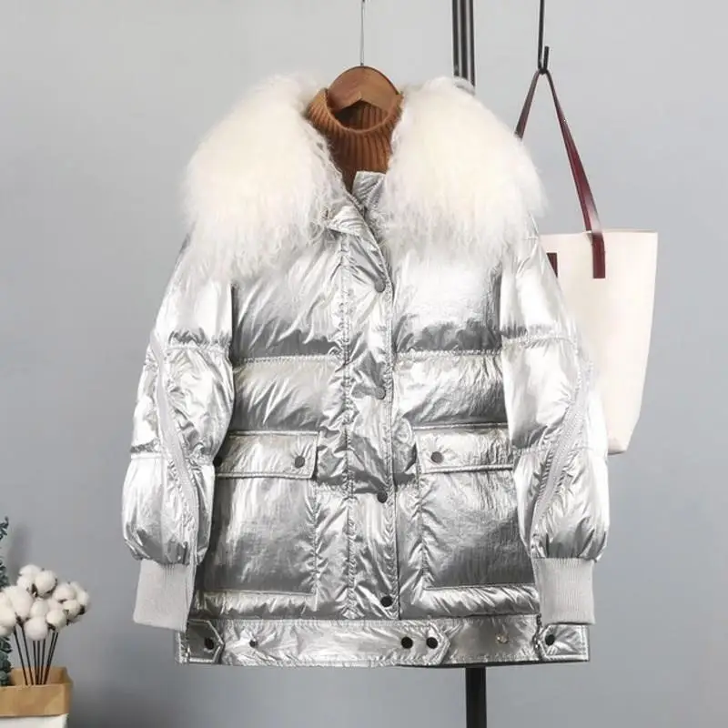 Women Winter Down Wool Fur Collar Jacket Pockets Loose Thick Thickening Jacket Short Silver White Duck Down Warm Parkas