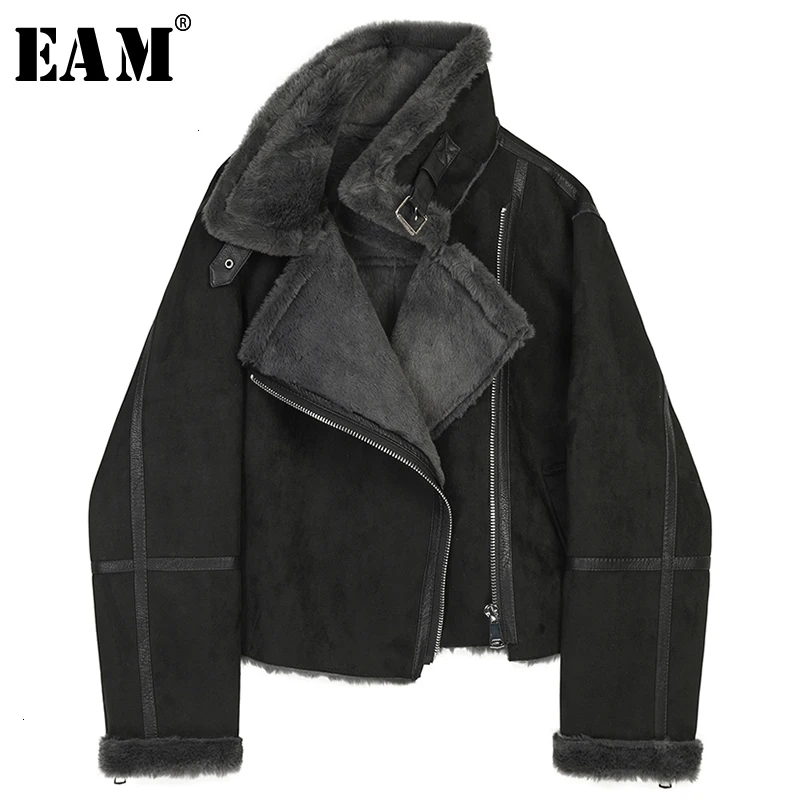 

[EAM] Loose Fit Black With Fleece Split Short Jacket New Lapel Long Sleeve Women Coat Fashion Tide Autumn Winter 2020 1M08