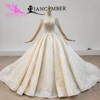 شراءAIJINGYU فستان مسلم الدانتيل جمهورية التشيك Weding 2021 فاخر وردي أبيض ثوب طويل الأكمام متجر فساتين الزفاف على الانترنت