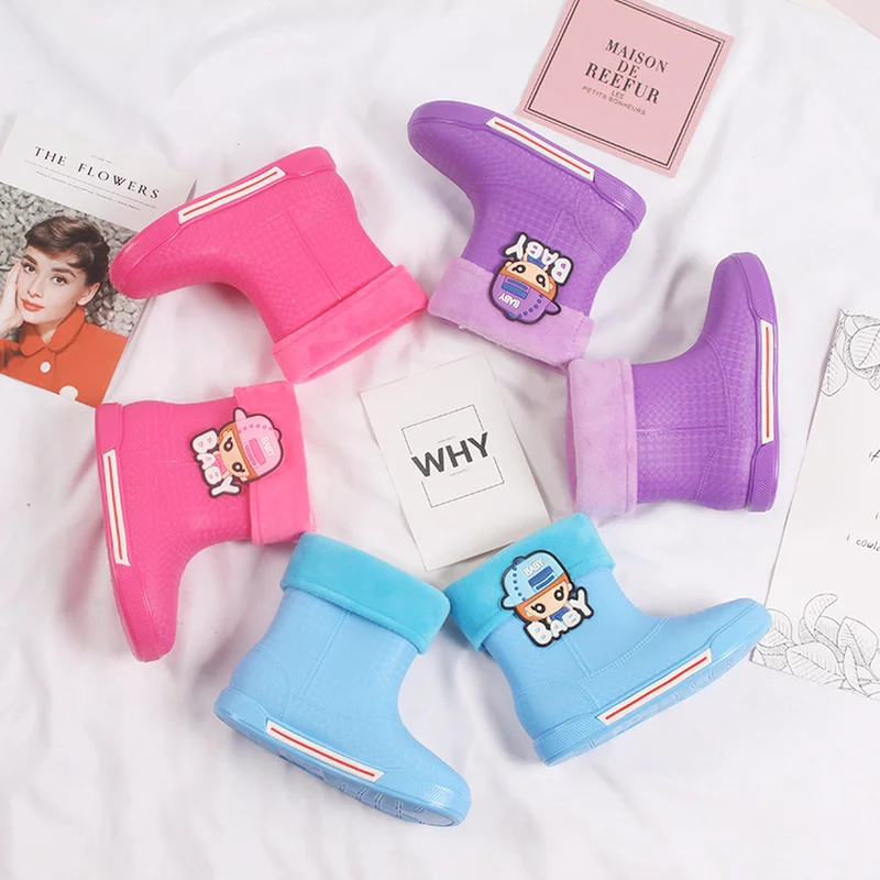 Kids Rainboots Pure Candy Color Embroidered Waterproof Antiskid Detachable Cotton Baby Boys Girls Slip-on Children Rain Boots