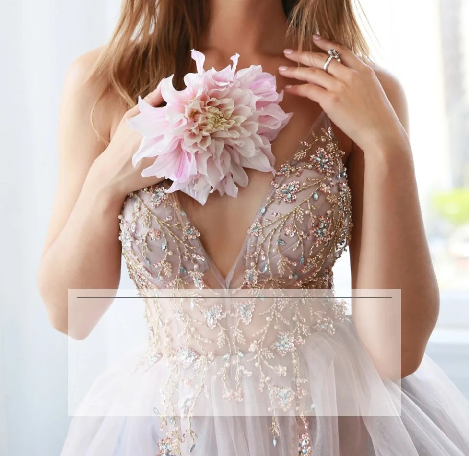 Oucui Dusky Pink Handmade Beaded Prom Dresses 2020 Long Spaghetti Strap See Through Grey Tulle Evening Gown Vestido De Festa