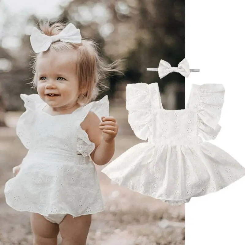 

Newborn Infant Baby Girl Romper Dress Summer Solid White Hollow Princess Dress For Girls Lace Sleeve Baby Girls Dress Outfits