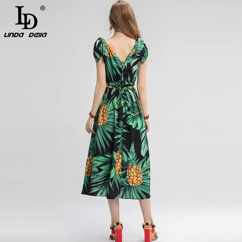 LD LINDA делла модное подиумное летнее платье женское повседневное праздничное платье миди с v-образным вырезом и рюшами в богемном стиле с цветочным принтом с ананасом