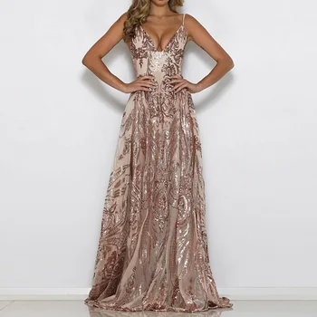 

Sexy Deep V Backless Sequined Summer Dress Long Luxury Prom Party Dress Women Champagne Spaghetti Strap Beach Vestidos