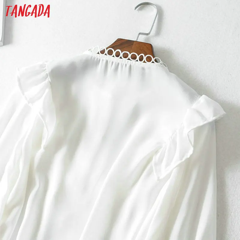 Tangada, женские белые рубашки с рюшами, с длинным рукавом, одноцветные, с круглым вырезом, элегантные, для офиса, для девушек, для работы, блузки FN114
