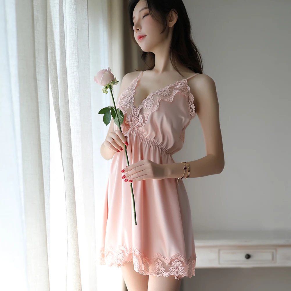 Женская ночная одежда с глубоким v-образным вырезом, Летняя шелковая пижама, удобная мягкая ночная рубашка, костюм, нижнее белье, мини-платье - Цвет: Розовый