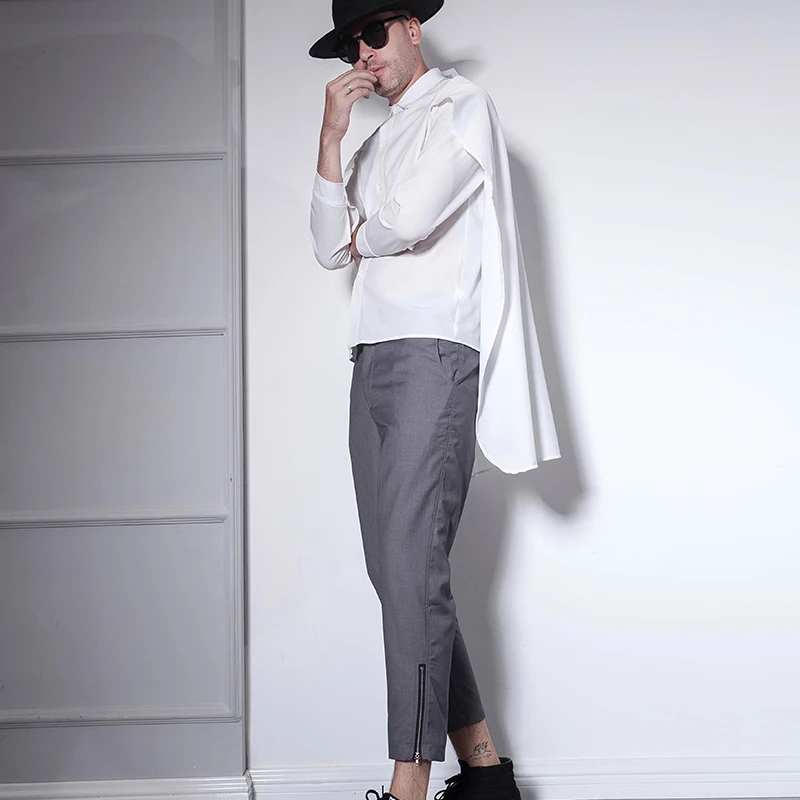 Japanese and South Korean version of trendy men's nine-point trousers zipper slim casual pants South Korea grey casual fall retr Japanese and South Korean version of trendy men's nine-point trousers zipper slim casual pants South Korea grey casual fall retr