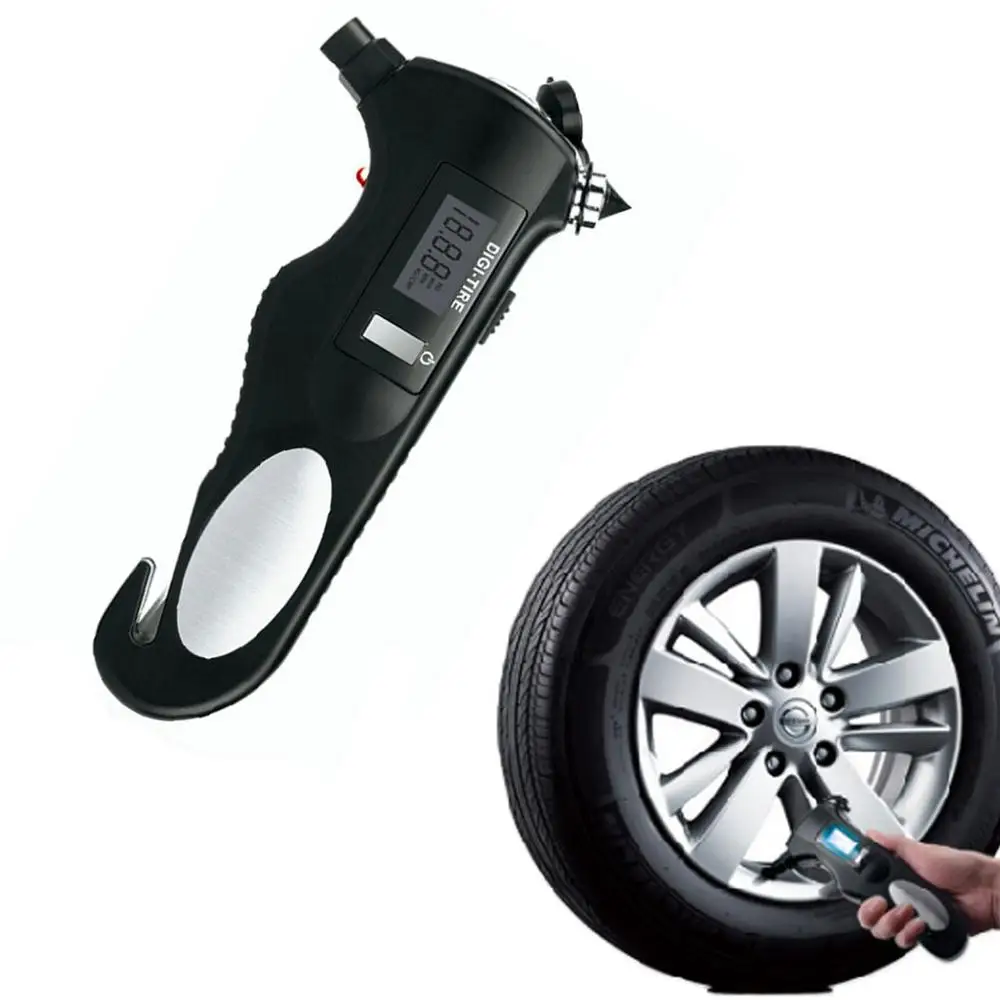 

4 in 1 Digital Tire Pressure Gauge with LED Flashlight Safety Glass Hammer Seatbelt Cutter Multifunctional Tool for Car Motorcyc