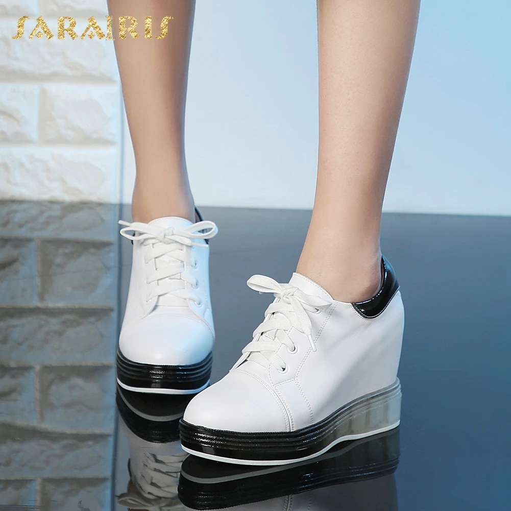 

Sarairis 2020 New Fashion Genuine Cow Leather Increased Heels Pumps Woman Shoes Lace Up Platform Spring Shoes Women Pumps