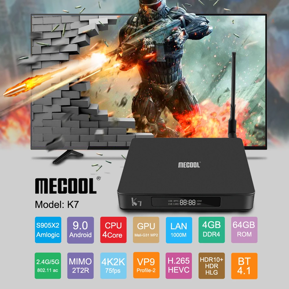 MECOOL K7 Smart Tv Box Android 9,0 Amlogic S905x2 2,4G 5G wifi LAN 10/100M Bluetooth 4,1 4 Гб 64 Гб DVB S2/S DVB T2/T DVB C Tv Box