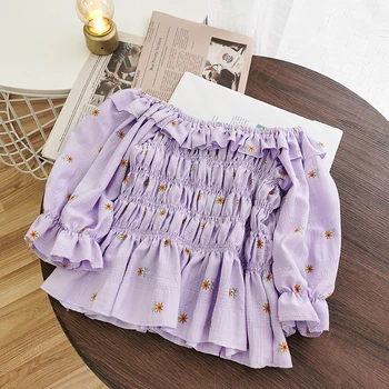 

Crop Tops New 2020 Summer Women Sweet Short Sleeve Daisy Printing Purple Shirt Female Short Blouses Slim Tops