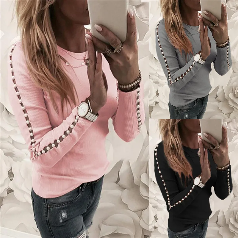 

Beading Hollow Out T Shirt Femme Women Long Sleeve Solid O-Neck T-Shirts Top New Fashion Harajuku Tee Shirt Camisas Mujer
