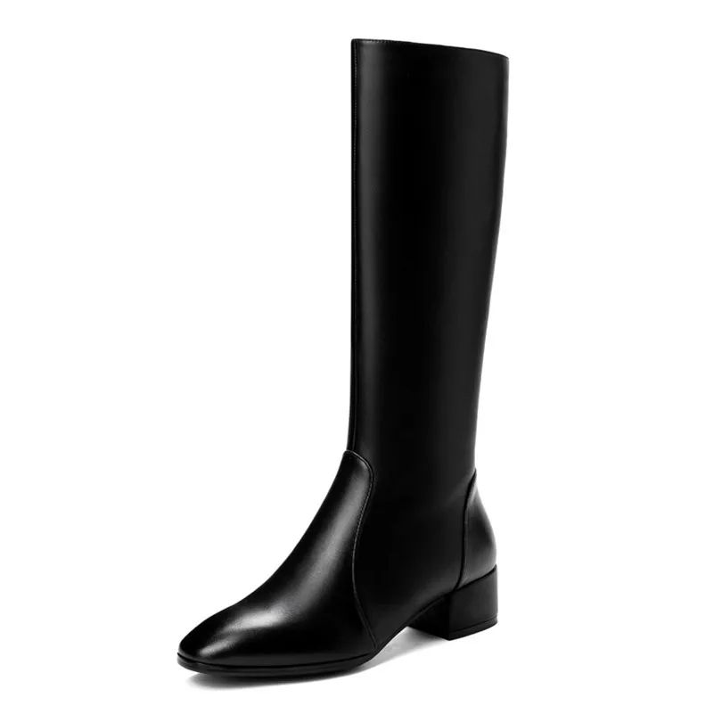 Black Synthetic Lini Meotina/зимние сапоги до колена женские высокие сапоги из натуральной кожи на высоком квадратном каблуке обувь с квадратным носком на молнии Большие размеры 33-43 - Цвет: Black Synthetic Lini