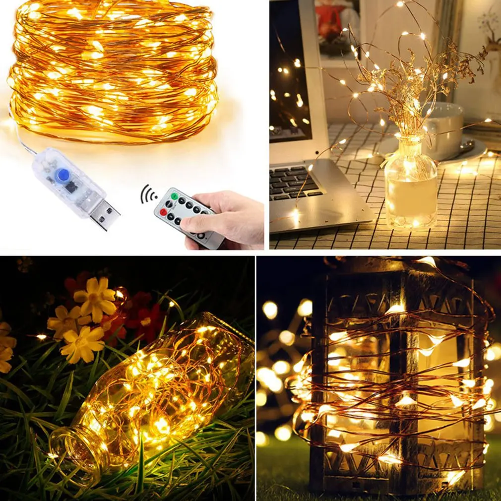 

Silver Copper Wire Lamp String 5M 50 lights 10M 100 lights USB Remote Control 8 Functional Strips Christmas Lighting Star Lights