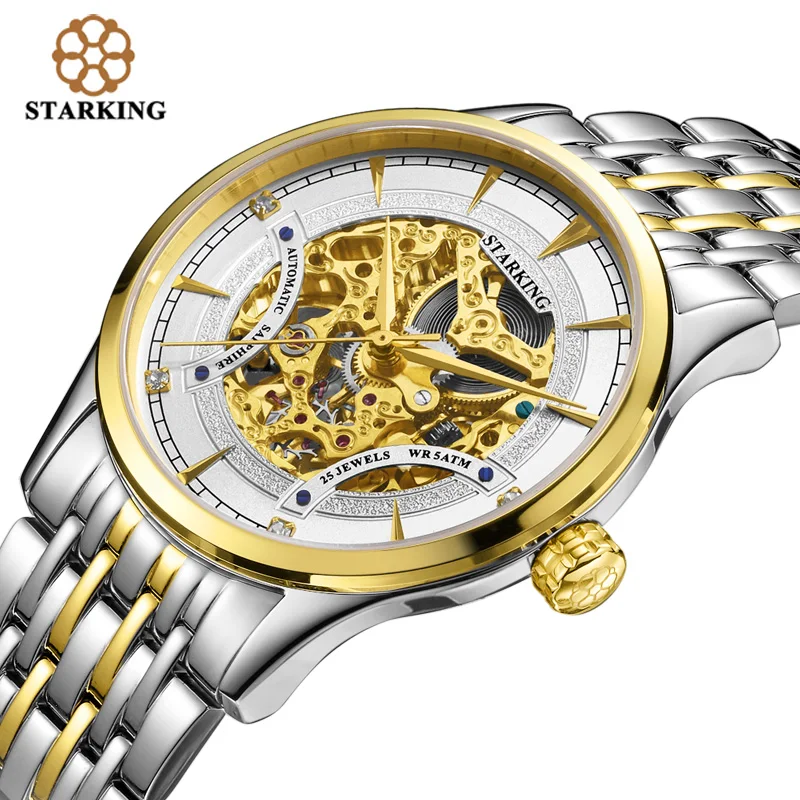 Starking lovers Watches Luxury Golden Skeleton Automatic Unisex Women And Men Couple Clock Stainless Steel Lover 3