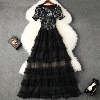 

Women Short Sleeve Dot Patchwork Ruffles Cake Dress Vintage Elastic Slim Pullover Patchwork Mesh Gauze Voile Ball Gown Dresses