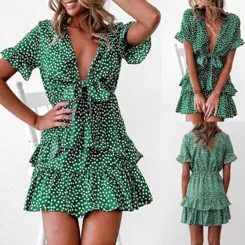 

Women Boho Polka Dot V-Neck Short Sleeve Mini Dress Holiday Beach Party Sundress