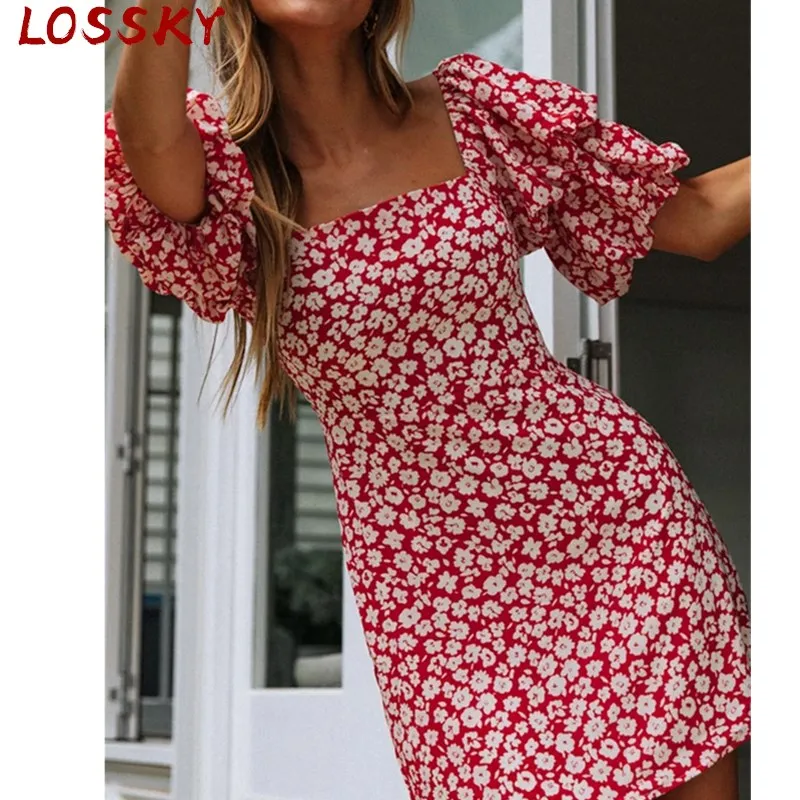 Puff Half Sleeve Dress Mini Floral Print Short Dress Floral Print Square Collar Party Club Slim Summer Holiday Mini Dress