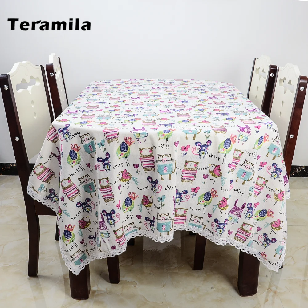 Teramila Table Cloth With Lace Dining Rectangular Tablecloth Thick Linen Cover Lovely Cartoon Design  For Wedding Kitchen Party