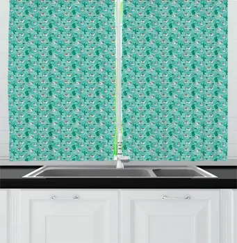 

Seafoam and Gypsy Pattern Kitchen Curtains Doodle Alpaca in Bohemian Style and Cactus Pattern for Kitchen Cafe Decor