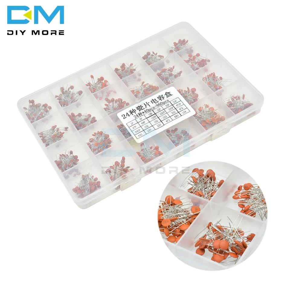 

960pcs 24value*40pcs Ceramic Capacitor Assortment Kit 2PF-0.1UF 50V low ESR high frequency diy electronic Capacitors Pack + Box