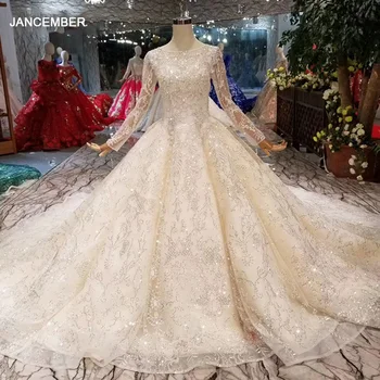 شراءHTL006 الذهبي الدانتيل ثوب زفاف س الرقبة طويلة الأكمام سباركلي فساتين الزفاف الفاخرة الشمبانيا لامعة الزفاف حزب اللباس 2019