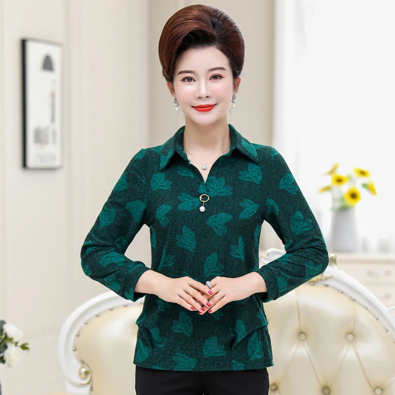 

Long Sleeve T Shirts Women Flower Printed Tops 2019 Spring Fall New Casual Plus Size Middle Age Mother Pullover 5XL Bottom Shirt