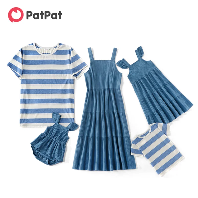 

PatPat 2020 New Summer Mosaic Family Matching Azure 100% Cotton Tank Dresses and Stripe Splice T-shirts Family Look Sets