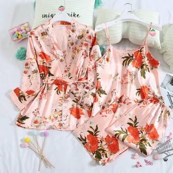 

Printed Flower 3PCS Pajamas Suit Women Sexy Satin Nightgown Kimono Bath Gown Loose Casual Sleepwear Sleep Set With Belt Homewear