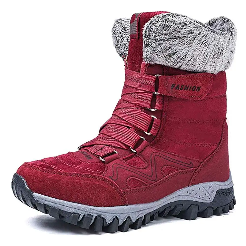 Gray N Women Warm Padded Plush Snow Boots Winter Boots Trekking Boots Hiking Winter Boots Non-slip Outdoor with Hook and Loop - Color: Gray