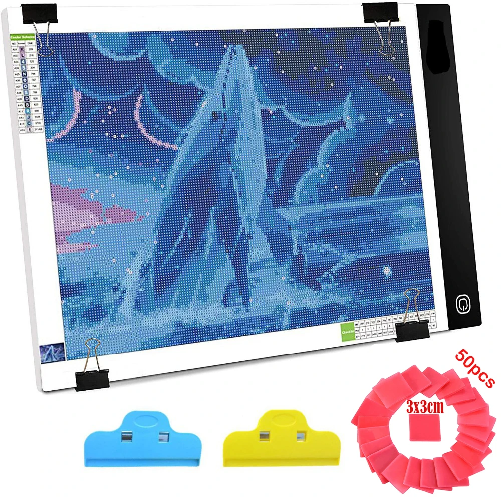 

A4 LED light pad for diamond painting tool, USB-powered light board kit, adjustable brightness with 50 pcs Glue Clay and clips