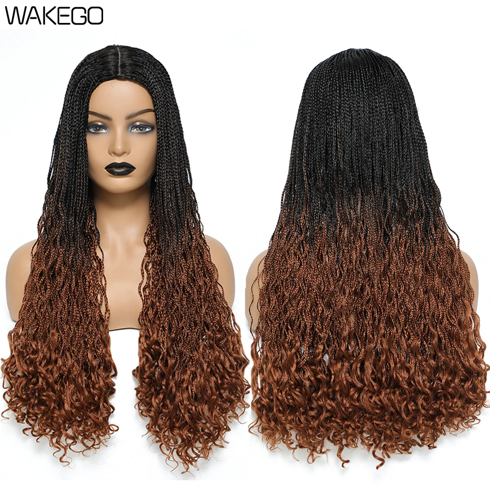 Wakego 26 Inch Knotless Braid Wig With Curly End DIY Braided Wigs Box Braids Wigs For Black Women Synthetic Curly Wig Daily Use