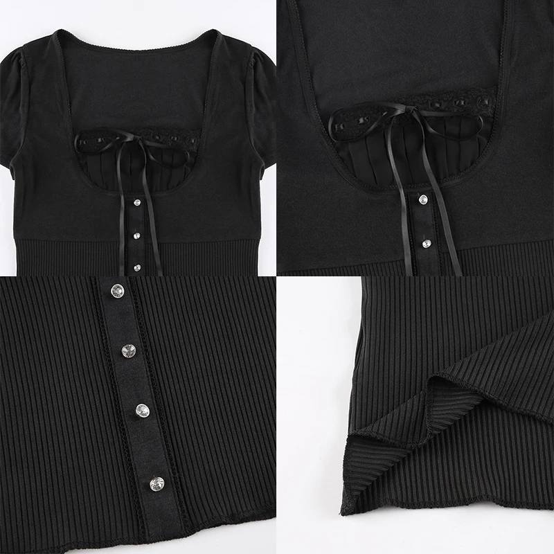 Korean Cute Y2K Retro Cotton Tops Lace Patchwork Buttons Kawaii Tshirts Autumn Square Collar Chic Casual Shirts Cuteandpsycho custom t shirts