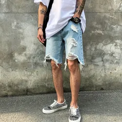 Pantalones cortos de mezclilla para hombre, Jeans rectos, sueltos, de Hip Hop, irregulares, a la moda, informales, hasta la rodilla, gran oferta, Verano