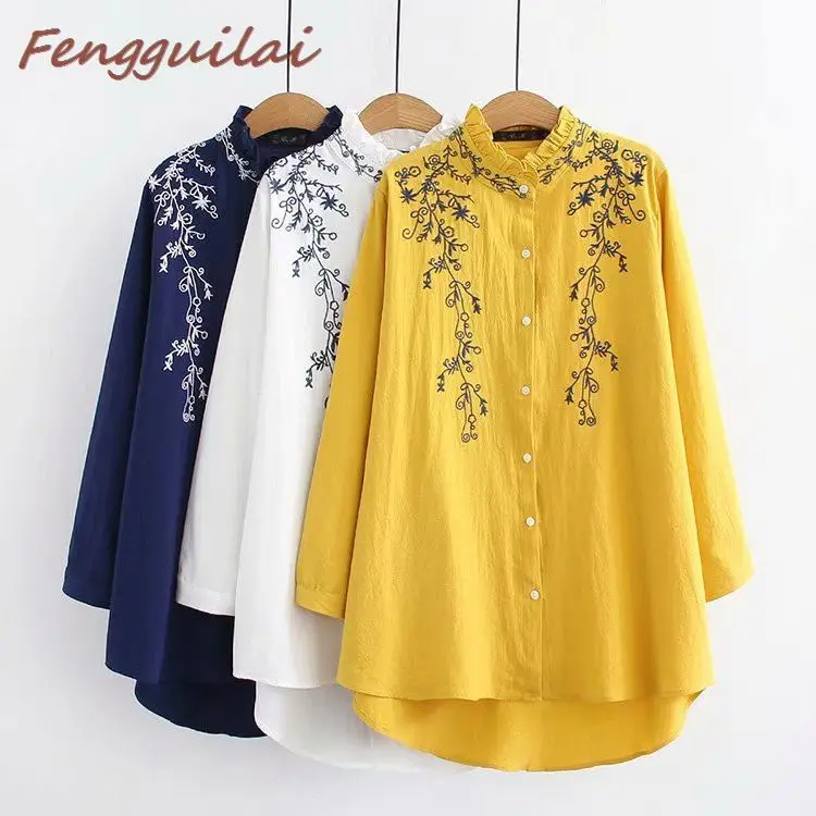 

FENGGUILAI Autumn Casual Blouses 4XL Plus Size Women Clothing Fashion Loose Long Sleeve Cotton And Linen Embroidery Ruffled Shir