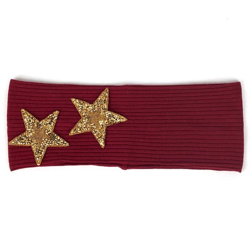Gold Wine Red Для женщин ребристые Эластичная головная повязка с принтом звезды для девочек и аксессуары для волос со стразами Женская Хлопковая полосатая повязка на голову, аксессуар для волос в стиле бохо тюрбан обертывания - Цвет: Gold Wine Red